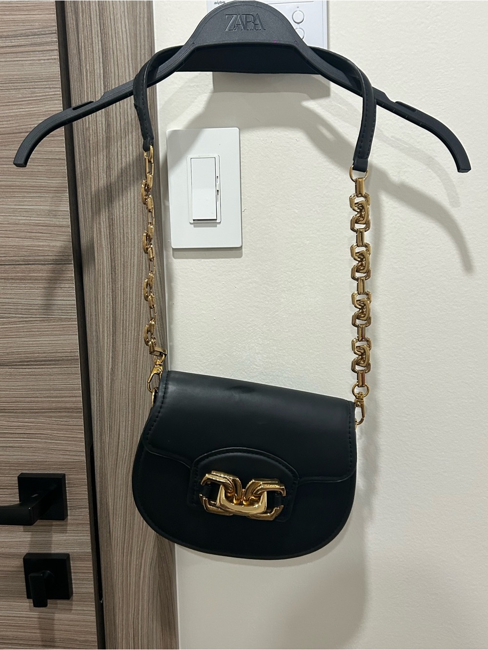 Zara Black Shoulder Bag with Gold Chain Detail